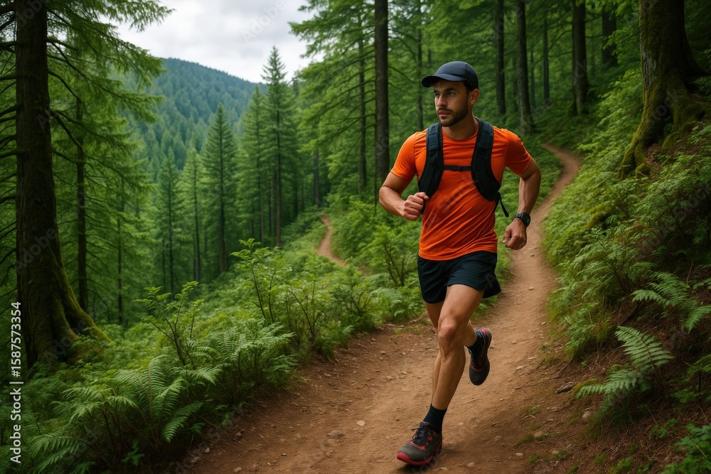 Obraz premium Trail runner traverses lush forest path on an invigorating morning workout