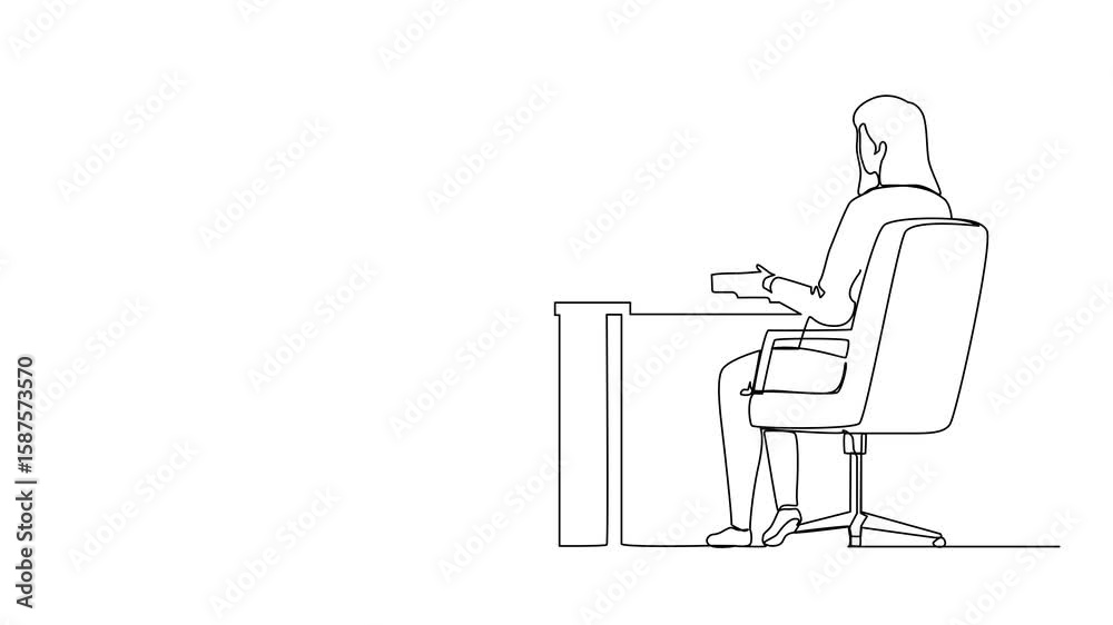 Self drawing animation of single one line drawing back view businesswoman works on computer. Woman sitting on chair behind office desk. Business person working on monitor screen. Full length animated Self drawing animation of single one line drawing back view businesswoman works on computer. Woman sitting on chair behind office desk. Business person working on monitor screen. Full length animated