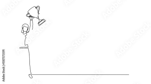 Animated self drawing of continuous one line drawing businesswoman with trophy standing with arms lifted in the air. Woman celebrating her business award. Winner, reaching goals. Full length animation