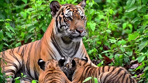 A majestic tigress nurses her two cubs amidst lush green foliage.
