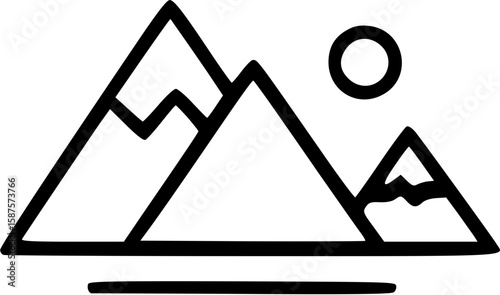 Minimalist line art depicting three mountains under a sun, above a horizontal line, creating a simple landscape.