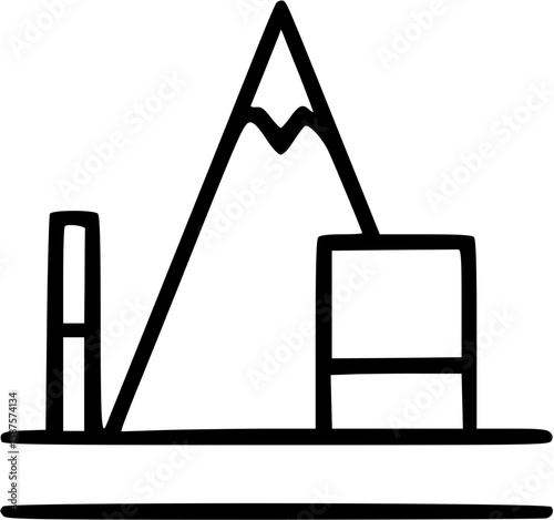 Simple line drawing of a mountain, a tall rectangle, and a shorter, wider rectangle, all situated on a horizontal base line.