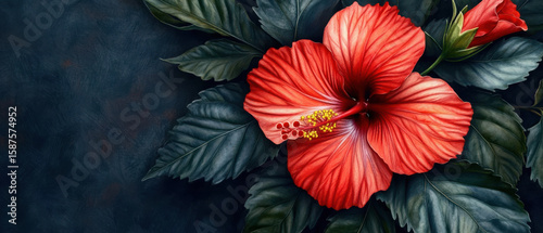 Wallpaper Mural Red hibiscus flower with lush green leaves dark background, vibrant botanical illustration with detailed petals and natural Torontodigital.ca