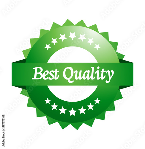 Best Quality Badge: A glossy green badge with a ribbon banner proclaiming Best Quality, encircled by stars. Ideal for product promotion, quality assurance, and excellence.