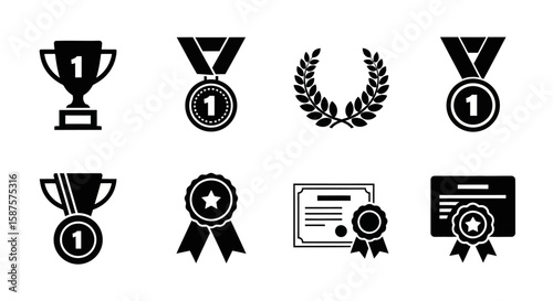 Black and White Awards Set: Trophy and Medal collection with wreaths and certificates showcasing the prestige of awards, rendered in graphic black and white design.