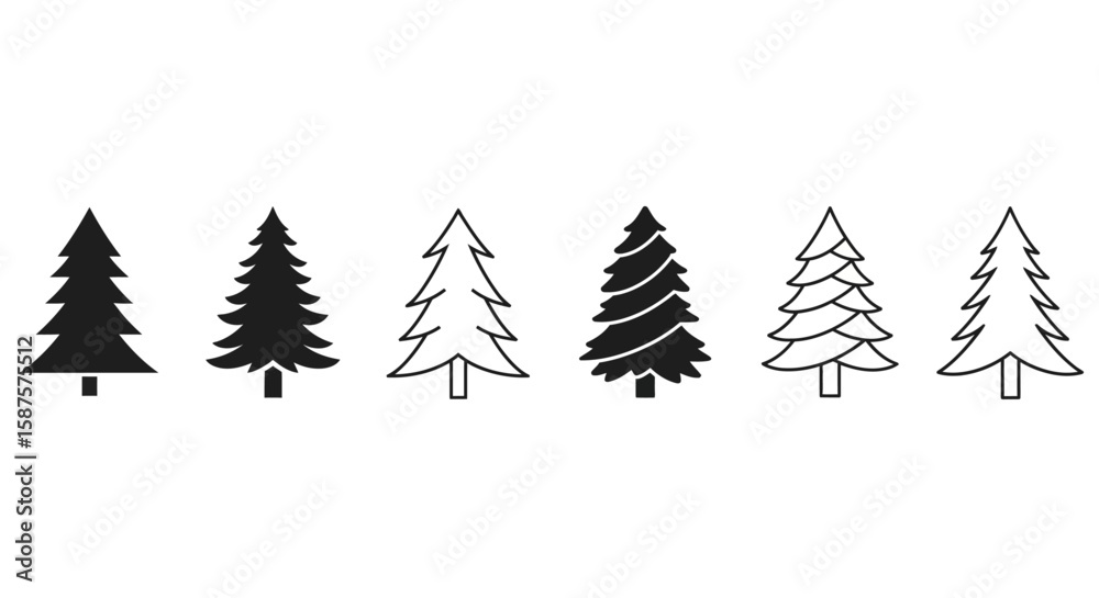 Fototapeta premium Evergreen Trio: A set of unique, clean and sharp fir tree shapes in various styles: solid, outline, and minimalist, for use in design.