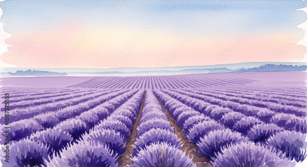 Obraz premium Watercolor Painting of a Lavender Field at Sunset Rows of Purple Flowers.