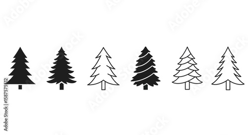 Evergreen Trio: A set of unique, clean and sharp fir tree shapes in various styles: solid, outline, and minimalist, for use in design.