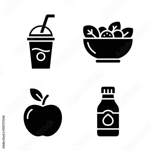 Healthy Diet Icon Set: A set of minimalist icons, featuring a refreshing drink, vibrant salad, crisp apple, and a small bottle of essential nutrition, ideal for concepts of health and wellness. 
