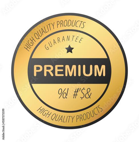 Premium Quality Emblem: A golden circular emblem that represents top quality goods with premium branding, designed for a wide variety of uses.