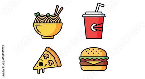 Delicious Variety: An appetizing selection of culinary delights, including a savory bowl of noodles, a refreshing beverage, a delectable slice of pizza, and a juicy burger.