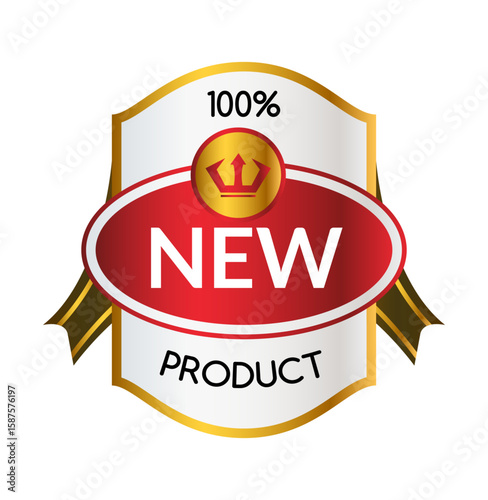 Premium New Product Label: This elegantly designed, high-quality product label features the word 'NEW' in a bold font and '100% PRODUCT', conveying the promise of a premium product.