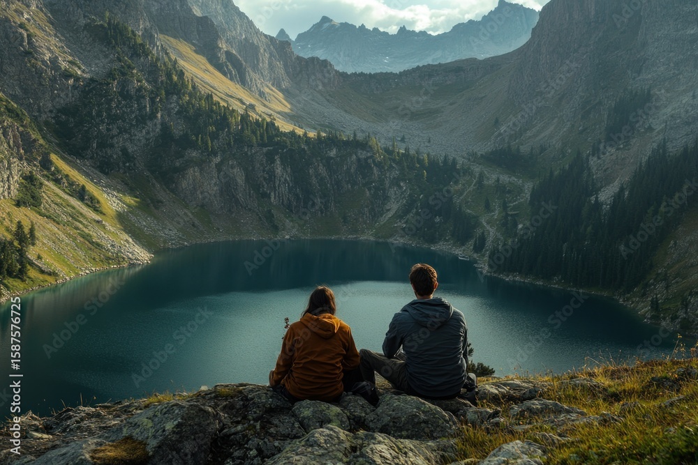 Fototapeta premium Hiking pair taking a break by lake, seated on rocky terrain, scenic nature view