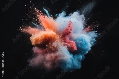 High-speed shot of colored dust clouds colliding in mid-air, black background, vivid impact