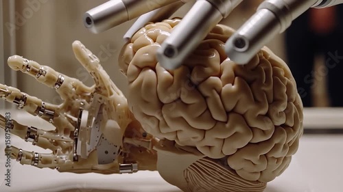 Robotic Hand Manipulating Artificial Brain Model with Mechanical Fingers and Synthetic Brain in Focus