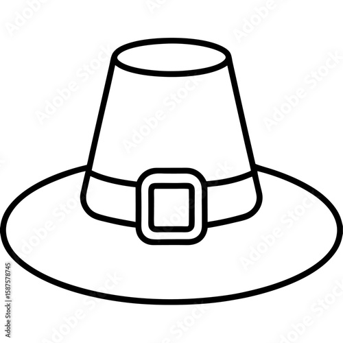 Detailed line art illustration of a traditional pilgrim hat with a prominent buckle and fabric folds isolated on white background