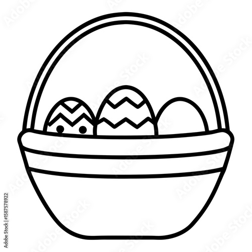 Simple line art illustration of an easter basket filled with decorated eggs isolated on white background