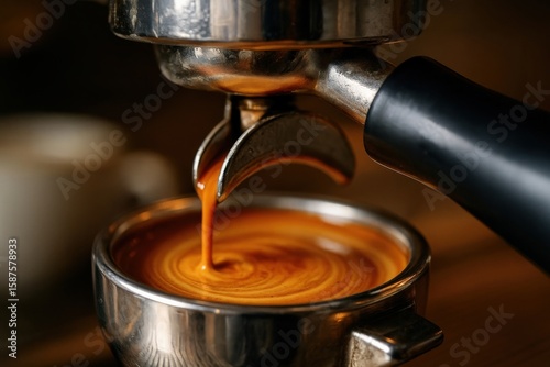 Rich crema flowing from espresso machine into cup in cozy cafe