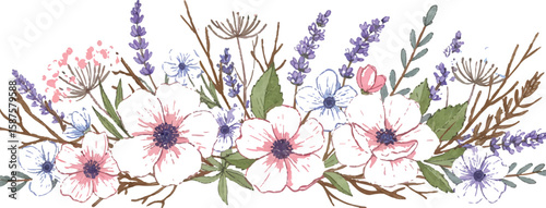 Nature-themed horizontal divider with wildflowers and branches, balanced and stylized, Adobe Illustrator