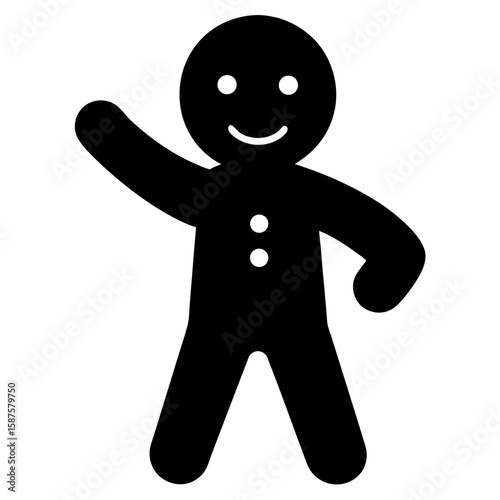 Black silhouette of a gingerbread man waving cheerfully isolated on white background