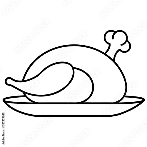 Elegant line art of a roasted turkey on a platter with garnishes isolated on white background