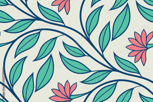 Floral vine pattern with teal leaves and pink flowers
