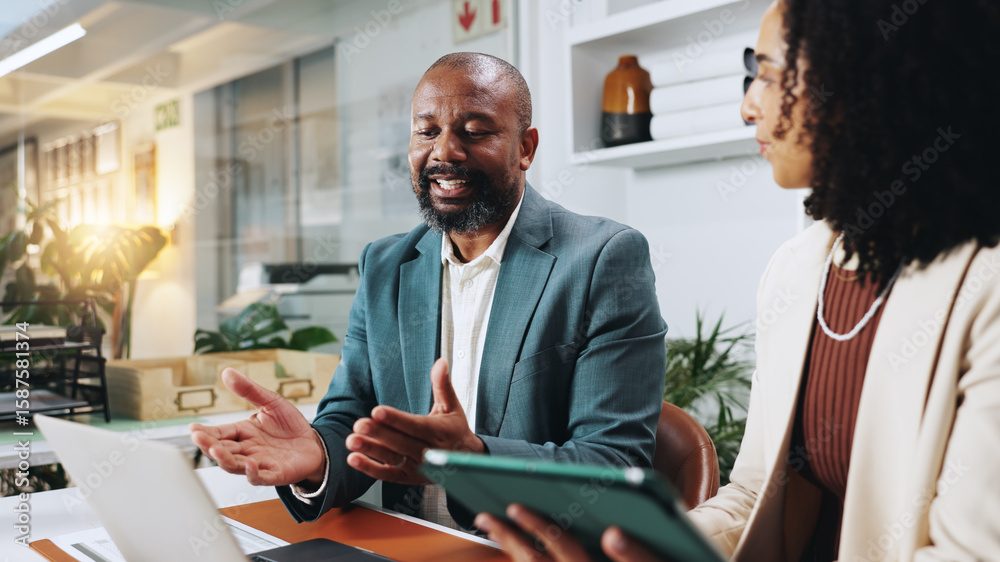 Fototapeta premium Tablet, teamwork and laptop with business people in office for planning, account manager or research. Digital review, collaboration and client application with employees in financial firm for report