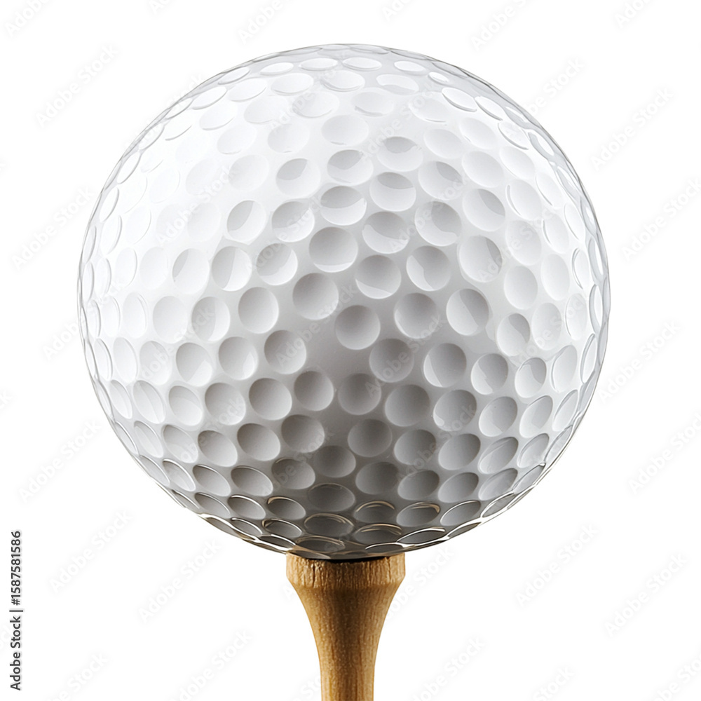 Close-up of a white golf ball on a wooden tee isolated on white background, perfect for sports, recreation, and golfing concepts or advertisements. Close-up of a white golf ball on a wooden tee isolated on white background, perfect for sports, recreation, and golfing concepts or advertisements.