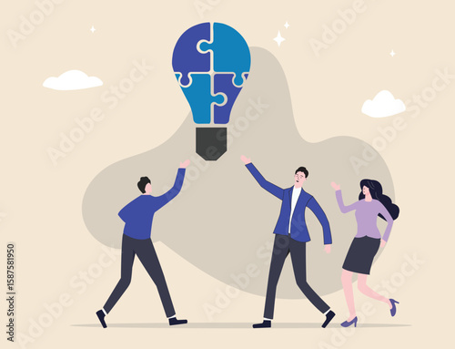 Contemporary business concept showing a diverse team of professionals in formal attire, gathered and collaborating around a light bulb-shaped puzzle symbolizing innovation and shared ideas.