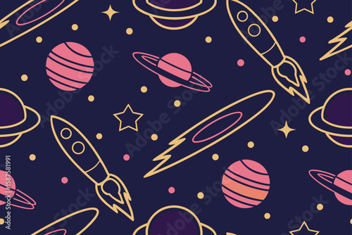 Retro Space Exploration Pattern rocket planet