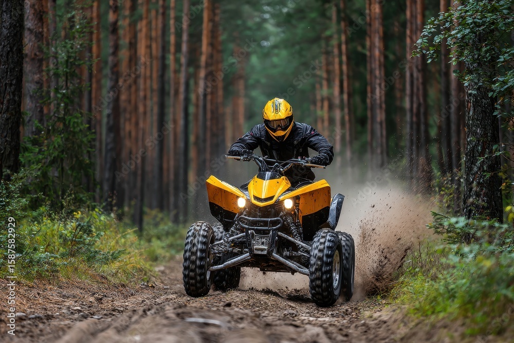 ATV Woods. Rider in Yellow Helmet Competes on Extreme Terrain with Action-Packed Quad Bike in the Forest ATV Woods. Rider in Yellow Helmet Competes on Extreme Terrain with Action-Packed Quad Bike in the Forest