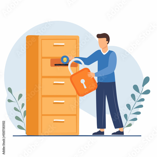 Flat vector illustration of a person locking a file cabinet or document folder with a key, representing physical data security