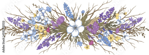 Nature-themed horizontal divider with wildflowers and branches, balanced and stylized, Adobe Illustrator