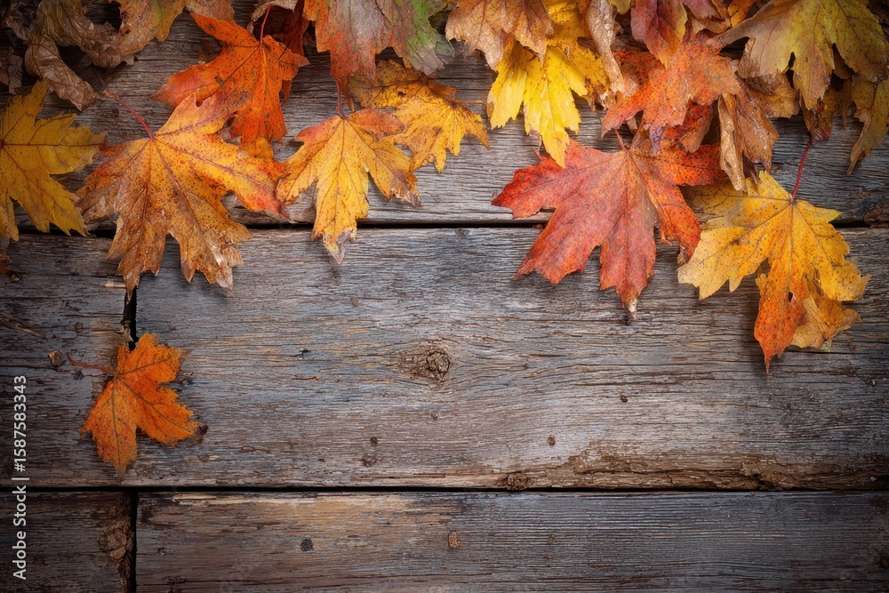 Obraz premium Autumn Background with Wooden Planks and Falling Leaves. Retro Style in Shabby Brown Tones