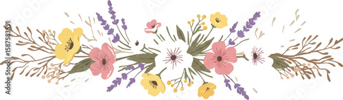 Nature-themed horizontal divider with wildflowers and branches, balanced and stylized, Adobe Illustrator