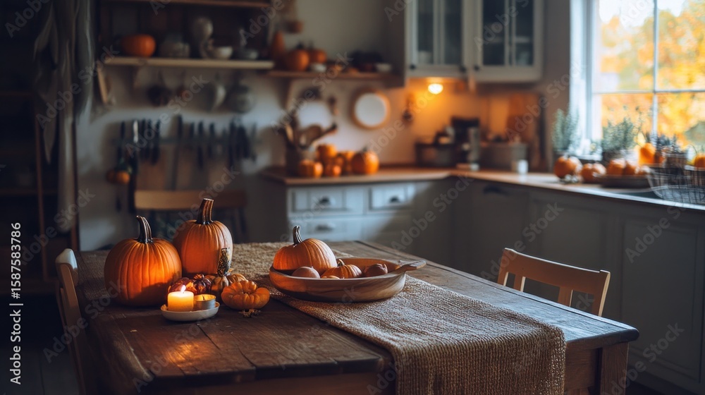 Cozy autumn kitchen scene with pumpkins, warm lighting, and rustic wooden table Cozy autumn kitchen scene with pumpkins, warm lighting, and rustic wooden table