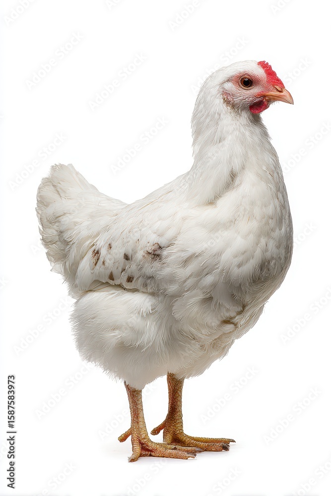 Fototapeta premium Back Of Chicken. White Hen Portrait in Close-up Rear View on Grey Background