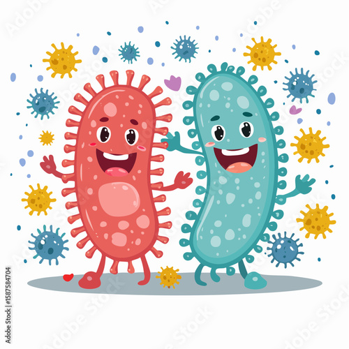 Flat cartoon vector showing cute vs harmful microbes: good bacteria smiling, harmful viruses with angry faces, colorful and educational style