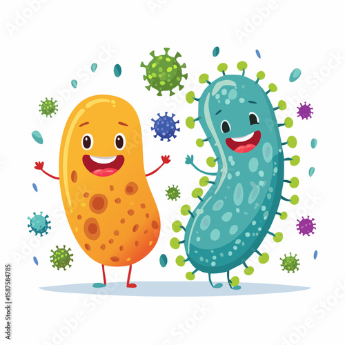 Flat cartoon vector showing cute vs harmful microbes: good bacteria smiling, harmful viruses with angry faces, colorful and educational style