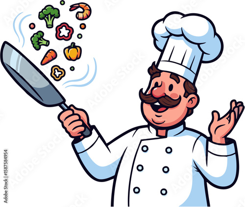 Cartoon chef with a pan, tossing vegetables and seafood in the air.