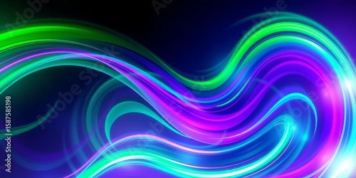 Swirling green & purple neon waves on abstract futuristic background,  space,  glow