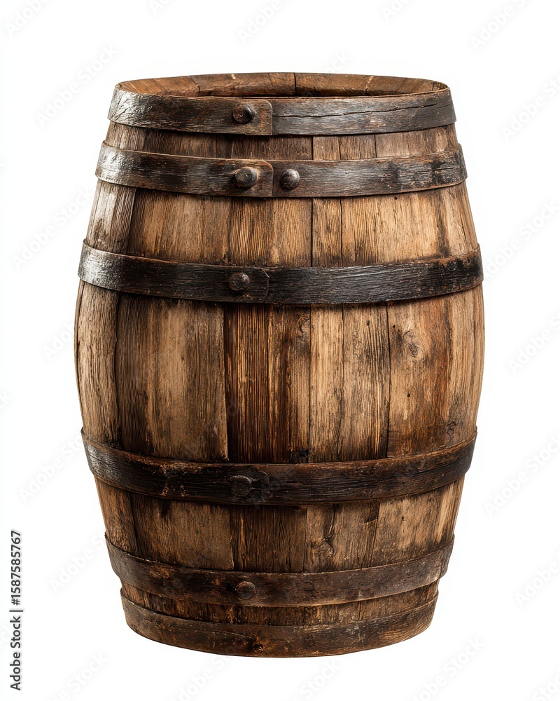 Fototapeta premium Barrel Isolated on White: Vintage Wooden Wine Barrel with Retro Design