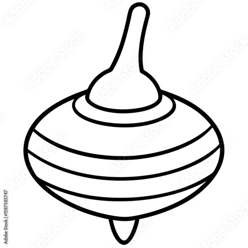 Classic line art of a spinning top toy with decorative stripes isolated on white background