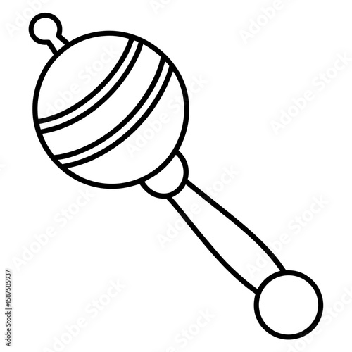 Simple line art illustration of a baby rattle with a handle and a bell isolated on white background