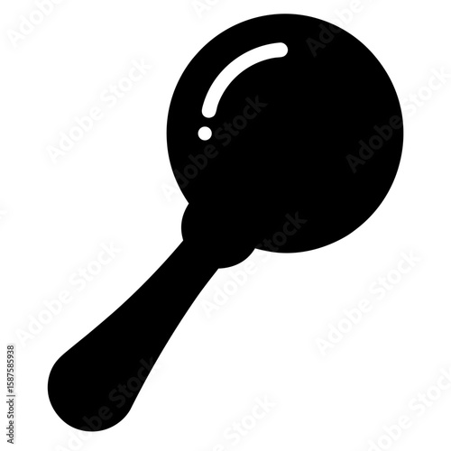 Simple black silhouette of a baby rattle with a handle isolated on white background