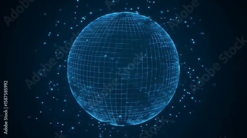 A blue grid sphere floats in dark space with scattered blue lights