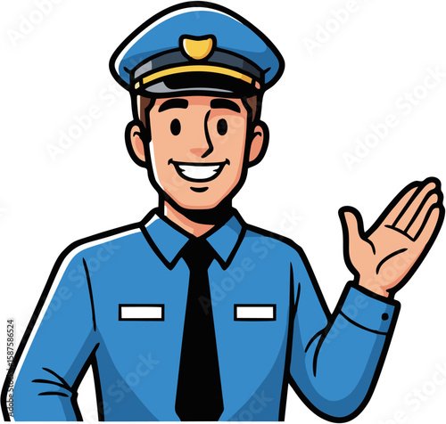 Friendly cartoon police officer with a welcoming gesture.