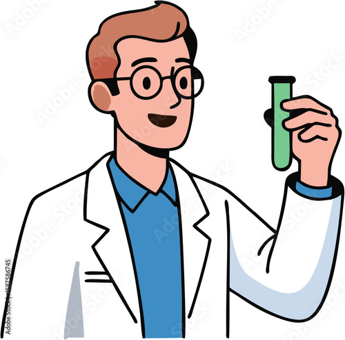A smiling scientist holds a test tube with green liquid, ready for research.