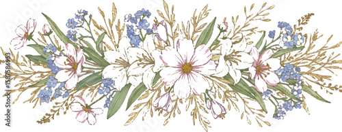 Nature-themed horizontal divider with wildflowers and branches, balanced and stylized, Adobe Illustrator