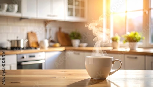 Invigorating morning coffee, a steaming cup on clean kitchen counter, ready to enjoy